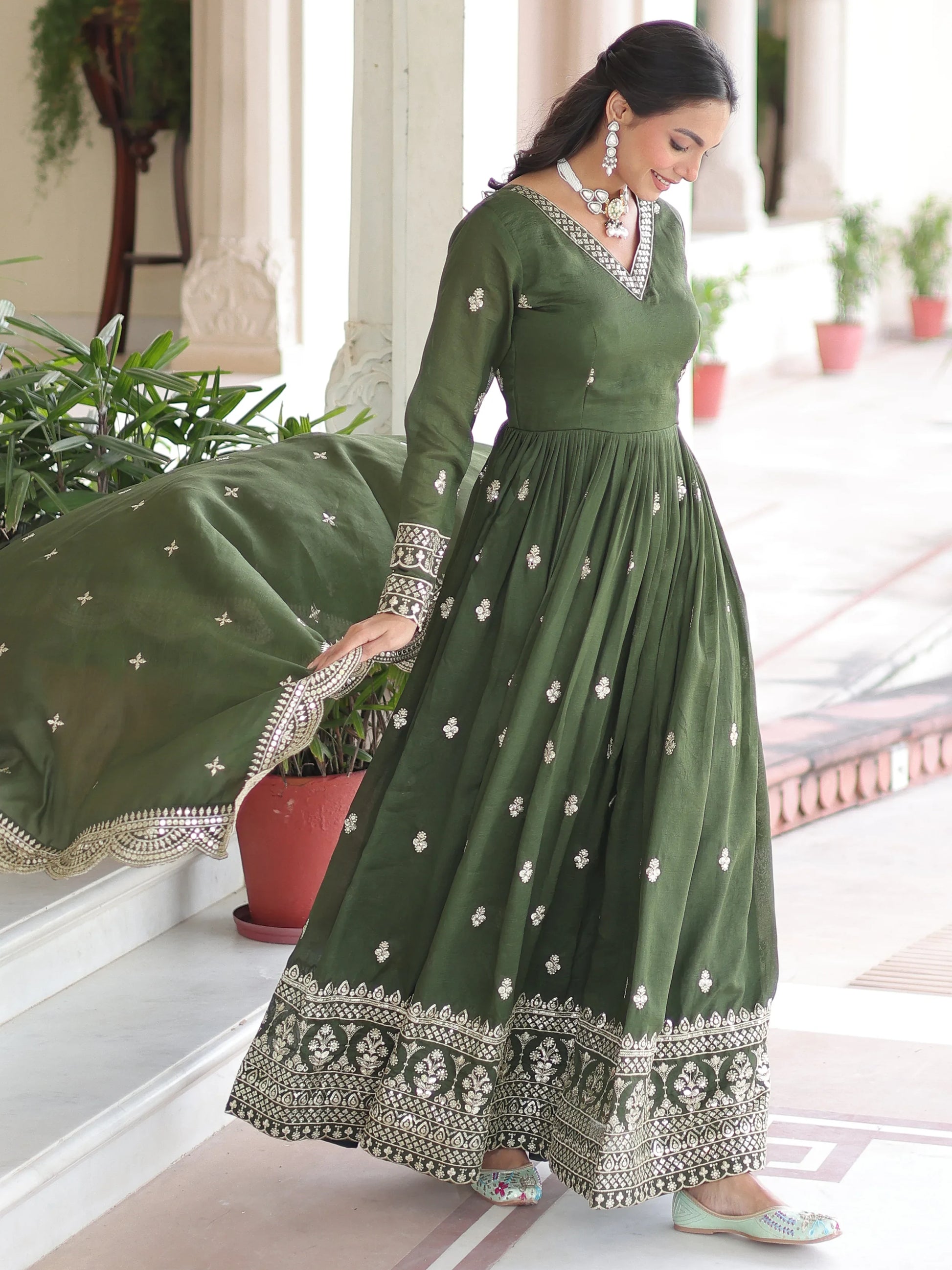 Beautiful Olive Green Zari Embroidery Silk Mehendi Wear Gown With Dupatta