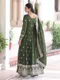 Beautiful Olive Green Zari Embroidery Silk Mehendi Wear Gown With Dupatta