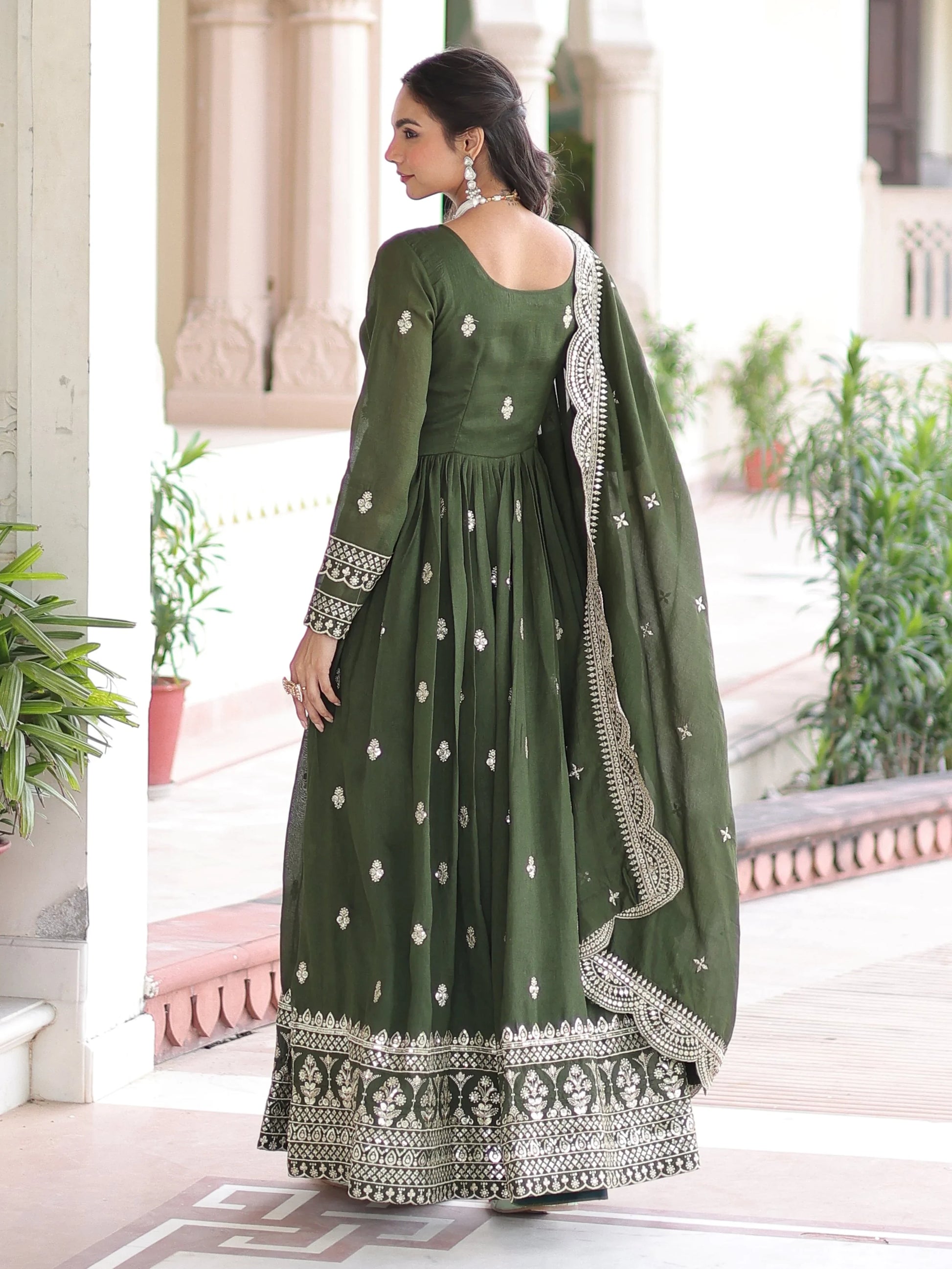 Beautiful Olive Green Zari Embroidery Silk Mehendi Wear Gown With Dupatta