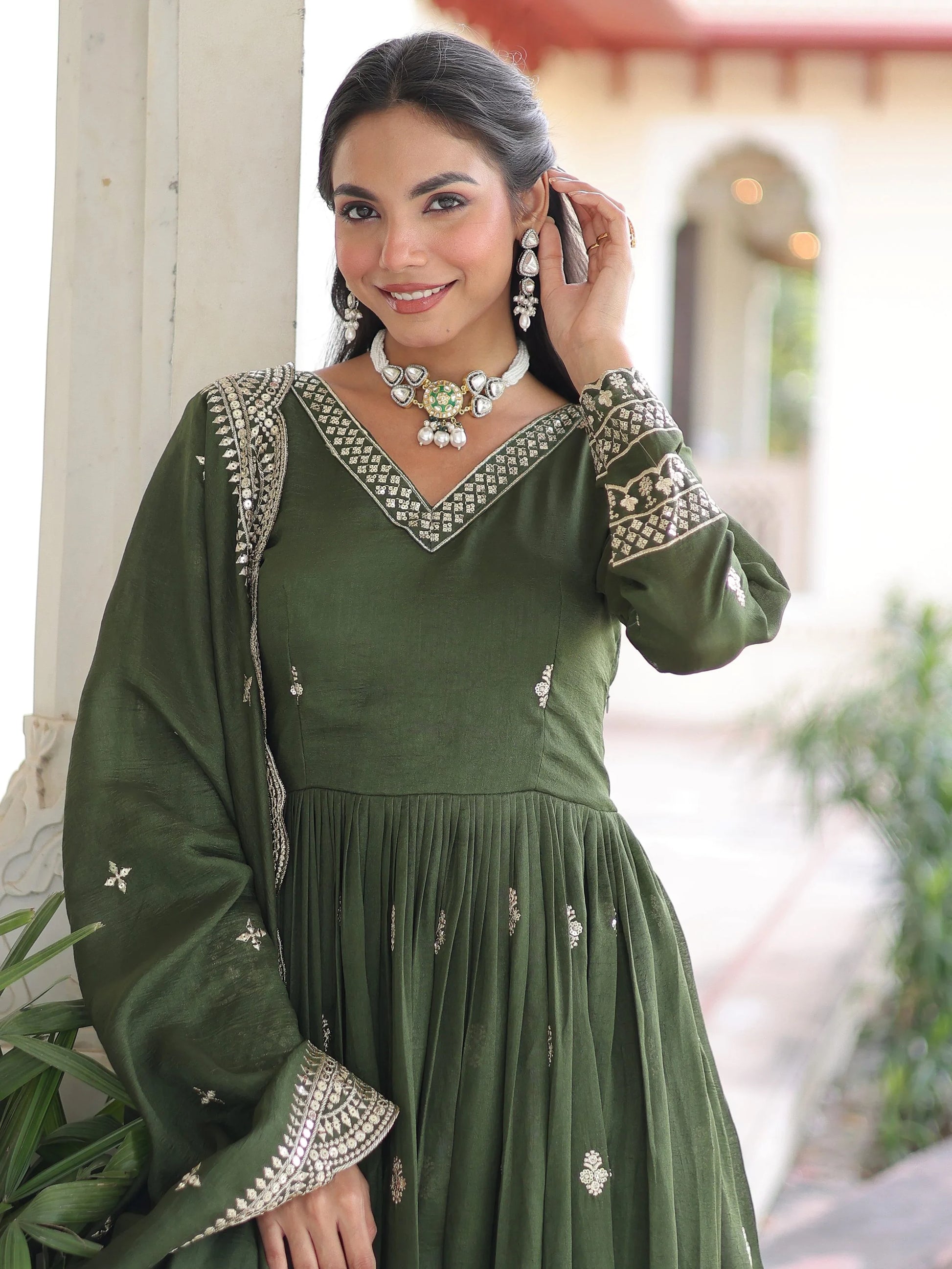 Beautiful Olive Green Zari Embroidery Silk Mehendi Wear Gown With Dupatta