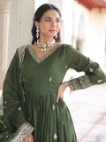 Beautiful Olive Green Zari Embroidery Silk Mehendi Wear Gown With Dupatta