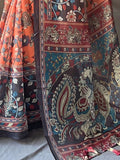 Beautiful Orange Kalamkari Printed Cotton Traditional Saree With Blouse - Zeel Clothing