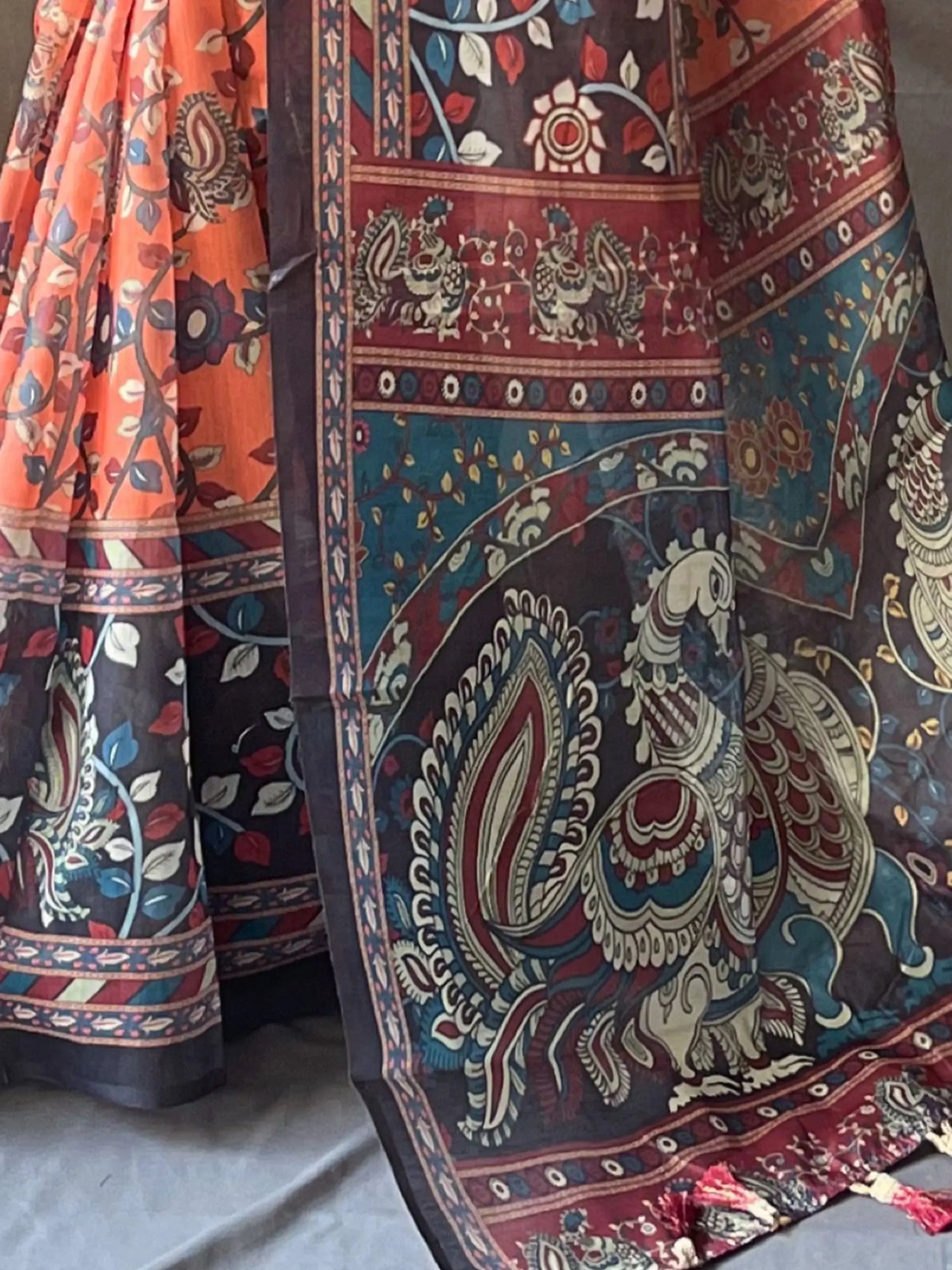 Beautiful Orange Kalamkari Printed Cotton Traditional Saree With Blouse - Zeel Clothing