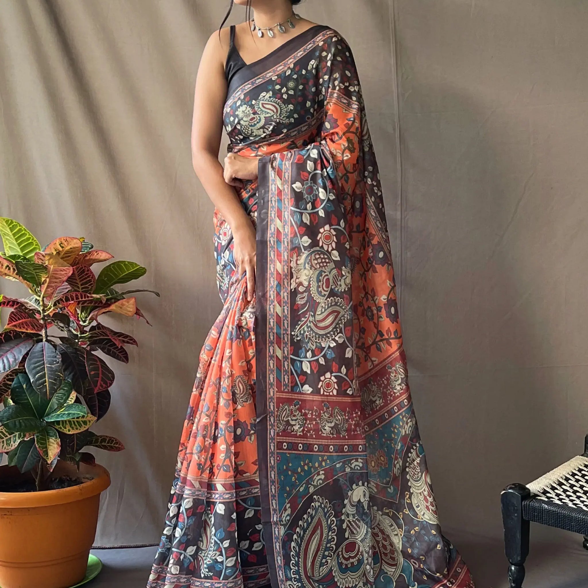 Beautiful Orange Kalamkari Printed Cotton Traditional Saree With Blouse - Zeel Clothing