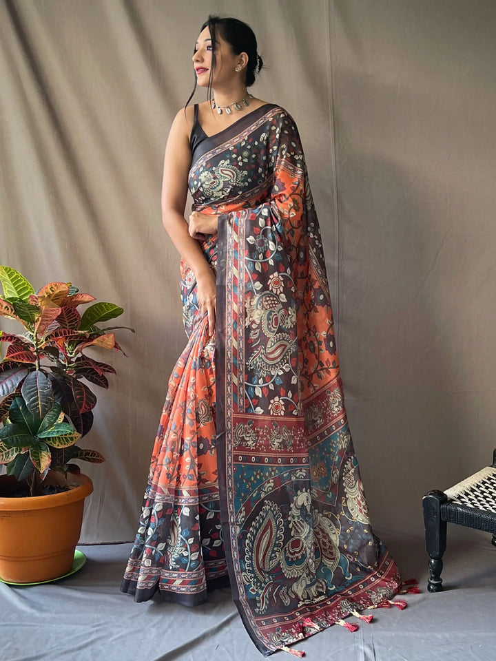 Beautiful Orange Kalamkari Printed Cotton Traditional Saree With Blouse - Zeel Clothing