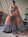 Beautiful Orange Kalamkari Printed Cotton Traditional Saree With Blouse - Zeel Clothing