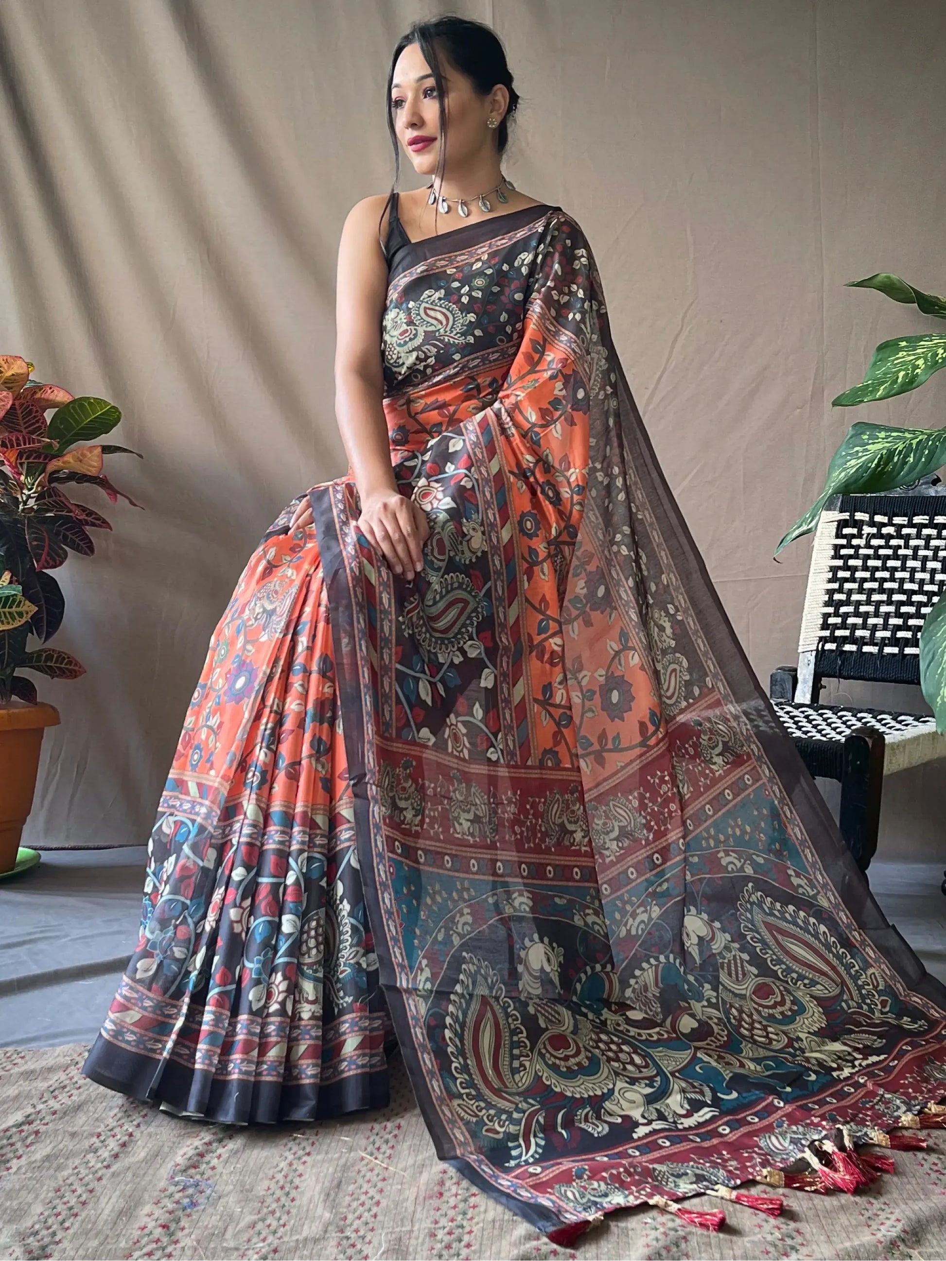 Beautiful Orange Kalamkari Printed Cotton Traditional Saree With Blouse - Zeel Clothing