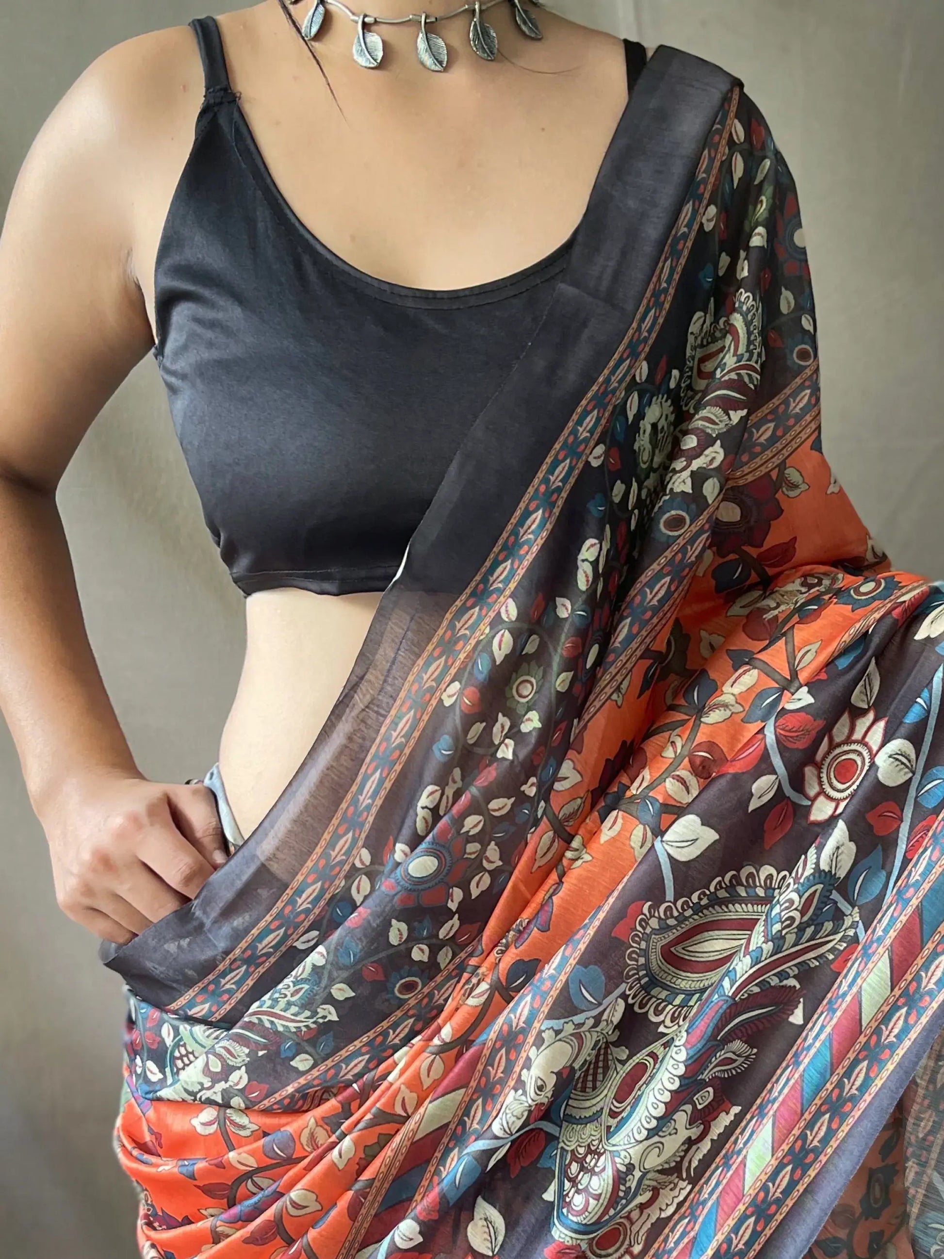 Beautiful Orange Kalamkari Printed Cotton Traditional Saree With Blouse - Zeel Clothing