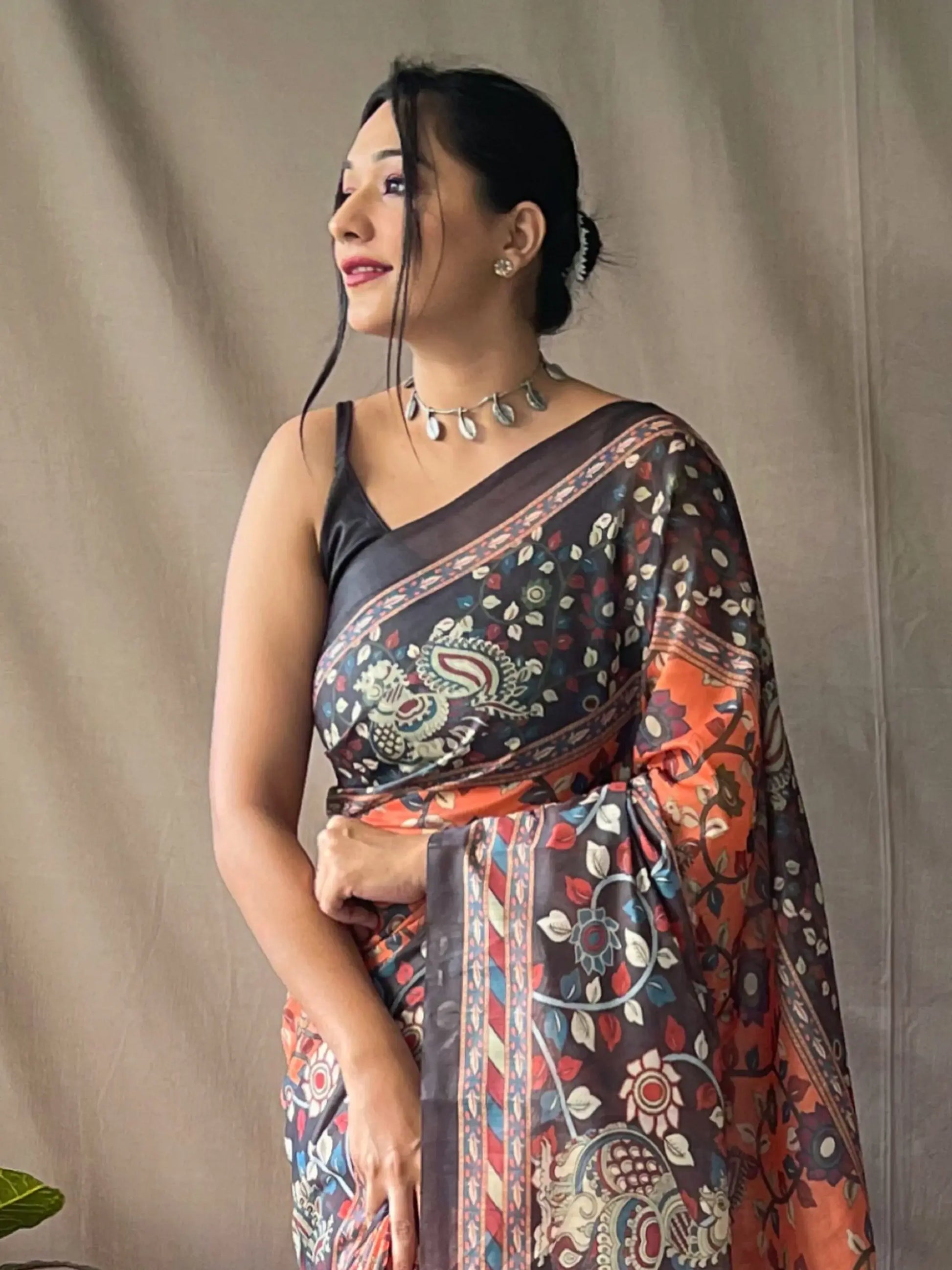 Beautiful Orange Kalamkari Printed Cotton Traditional Saree With Blouse - Zeel Clothing