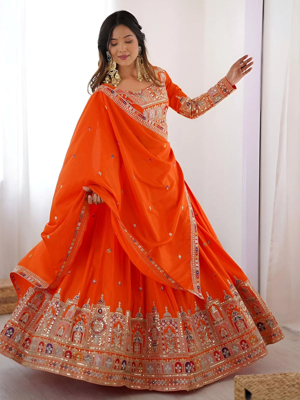 Beautiful Orange Multi Thread Work Crepe Silk Festive Wear Lehenga Choli