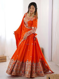 Beautiful Orange Multi Thread Work Crepe Silk Festive Wear Lehenga Choli