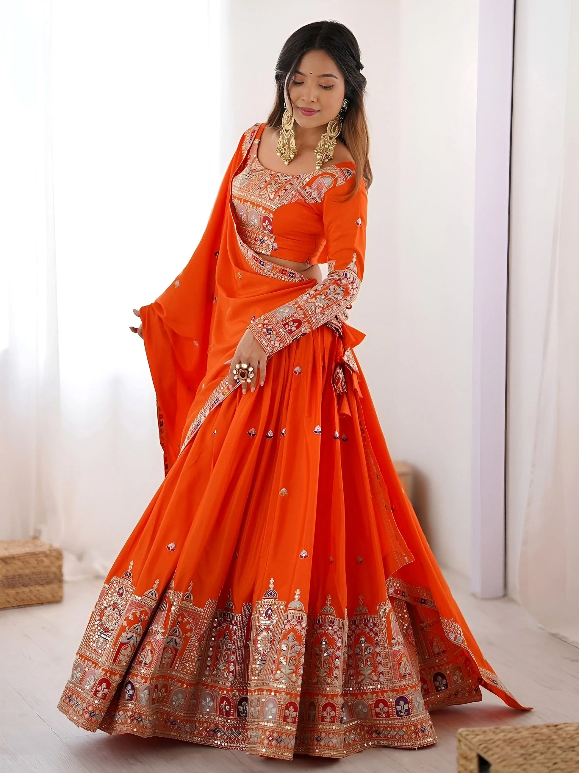 Beautiful Orange Multi Thread Work Crepe Silk Festive Wear Lehenga Choli
