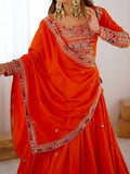 Beautiful Orange Multi Thread Work Crepe Silk Festive Wear Lehenga Choli