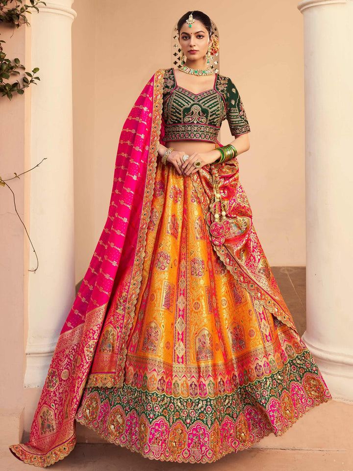 Beautiful Orange Thread Embroidered Banarasi Silk Reception Wear Lehenga Choli - Zeel Clothing