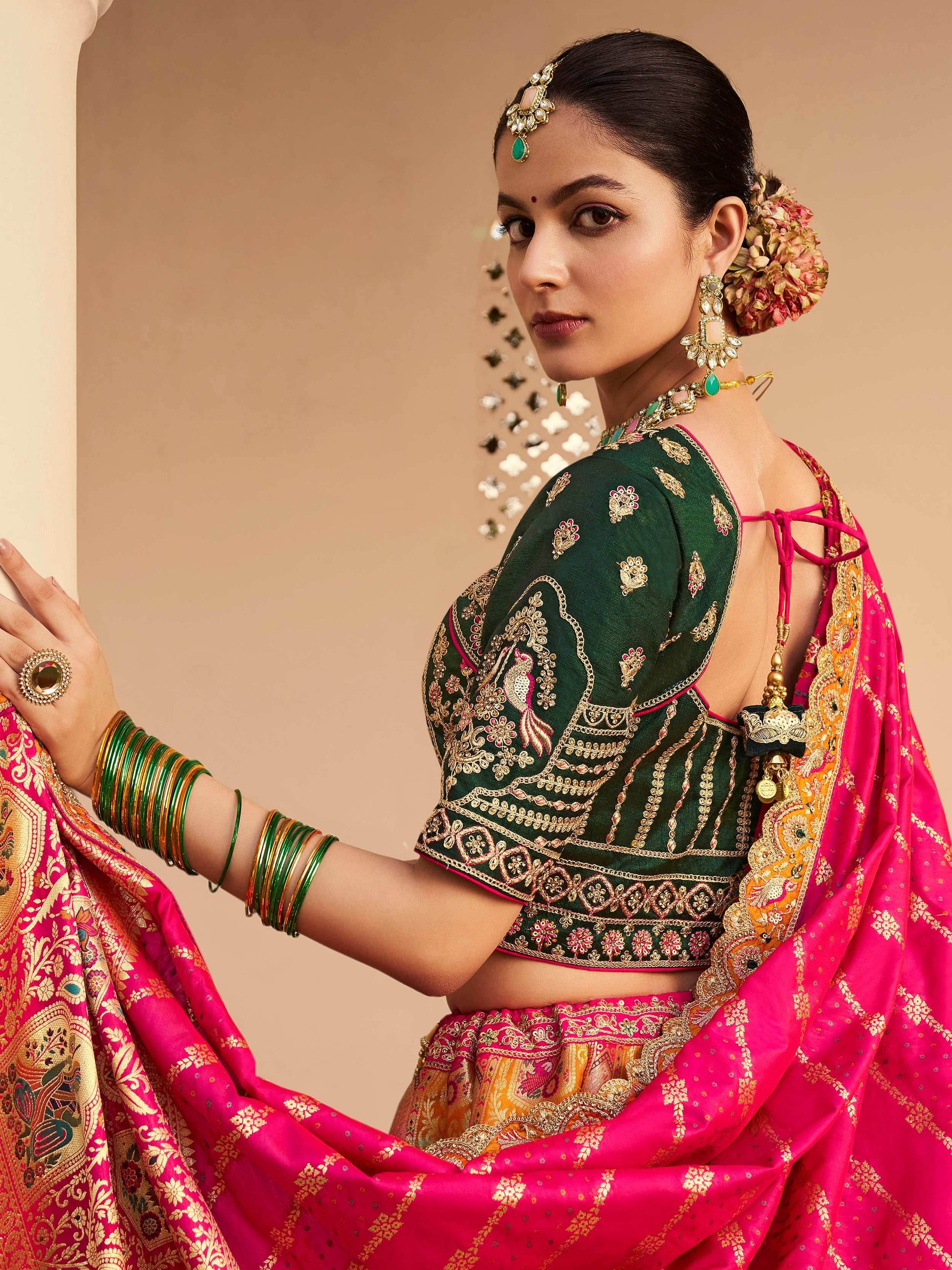 Beautiful Orange Thread Embroidered Banarasi Silk Reception Wear Lehenga Choli - Zeel Clothing