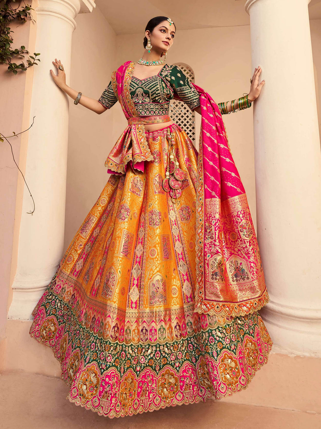 Beautiful Orange Thread Embroidered Banarasi Silk Reception Wear Lehenga Choli - Zeel Clothing
