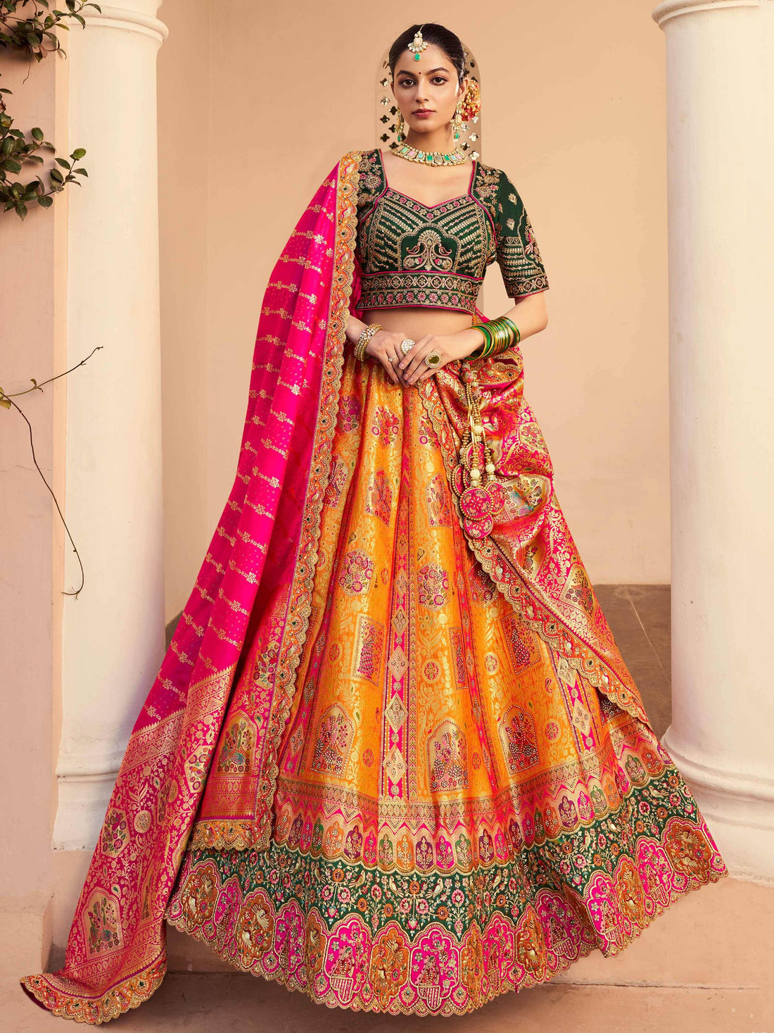 Beautiful Orange Thread Embroidered Banarasi Silk Reception Wear Lehenga Choli - Zeel Clothing