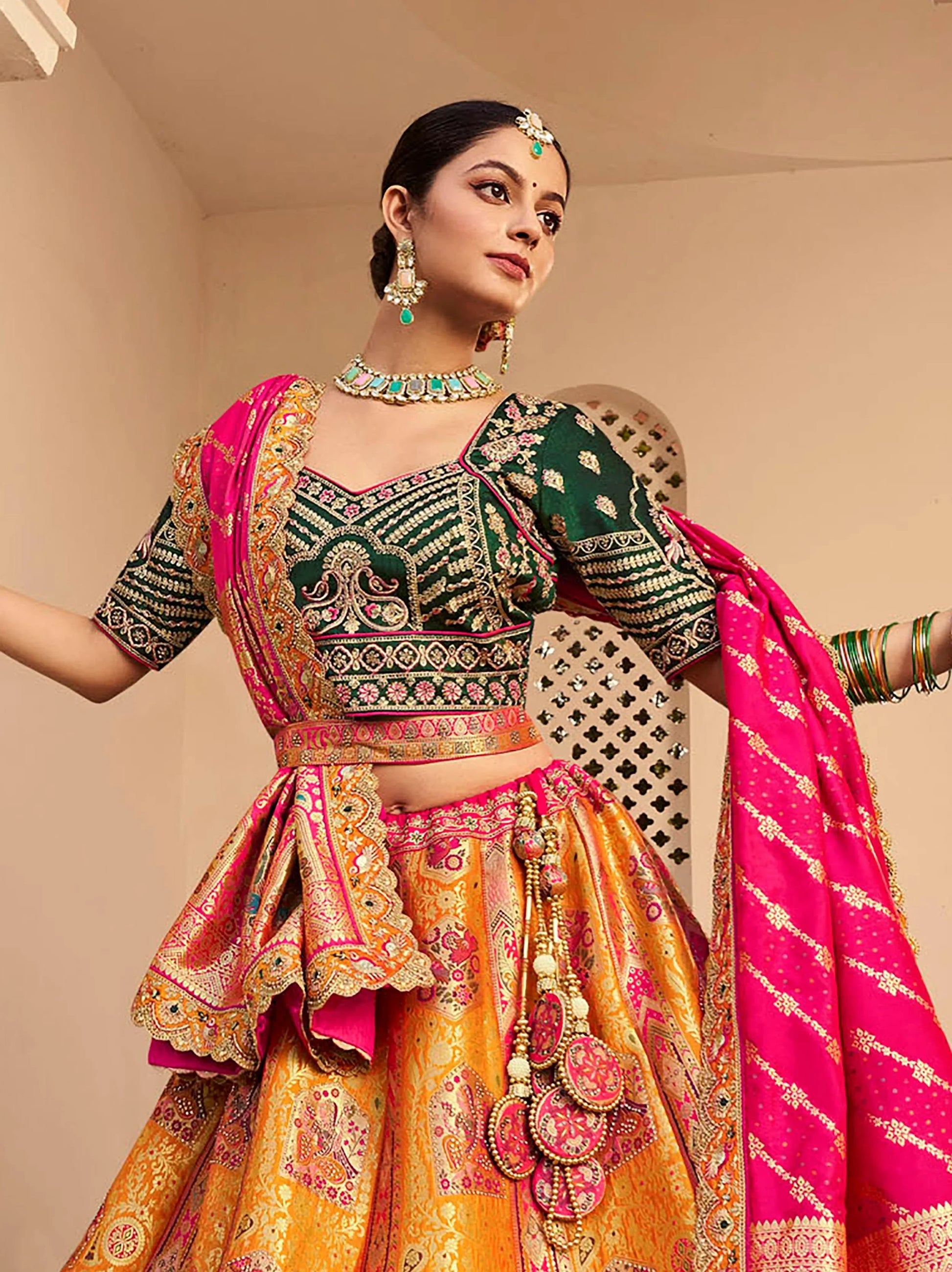 Beautiful Orange Thread Embroidered Banarasi Silk Reception Wear Lehenga Choli - Zeel Clothing