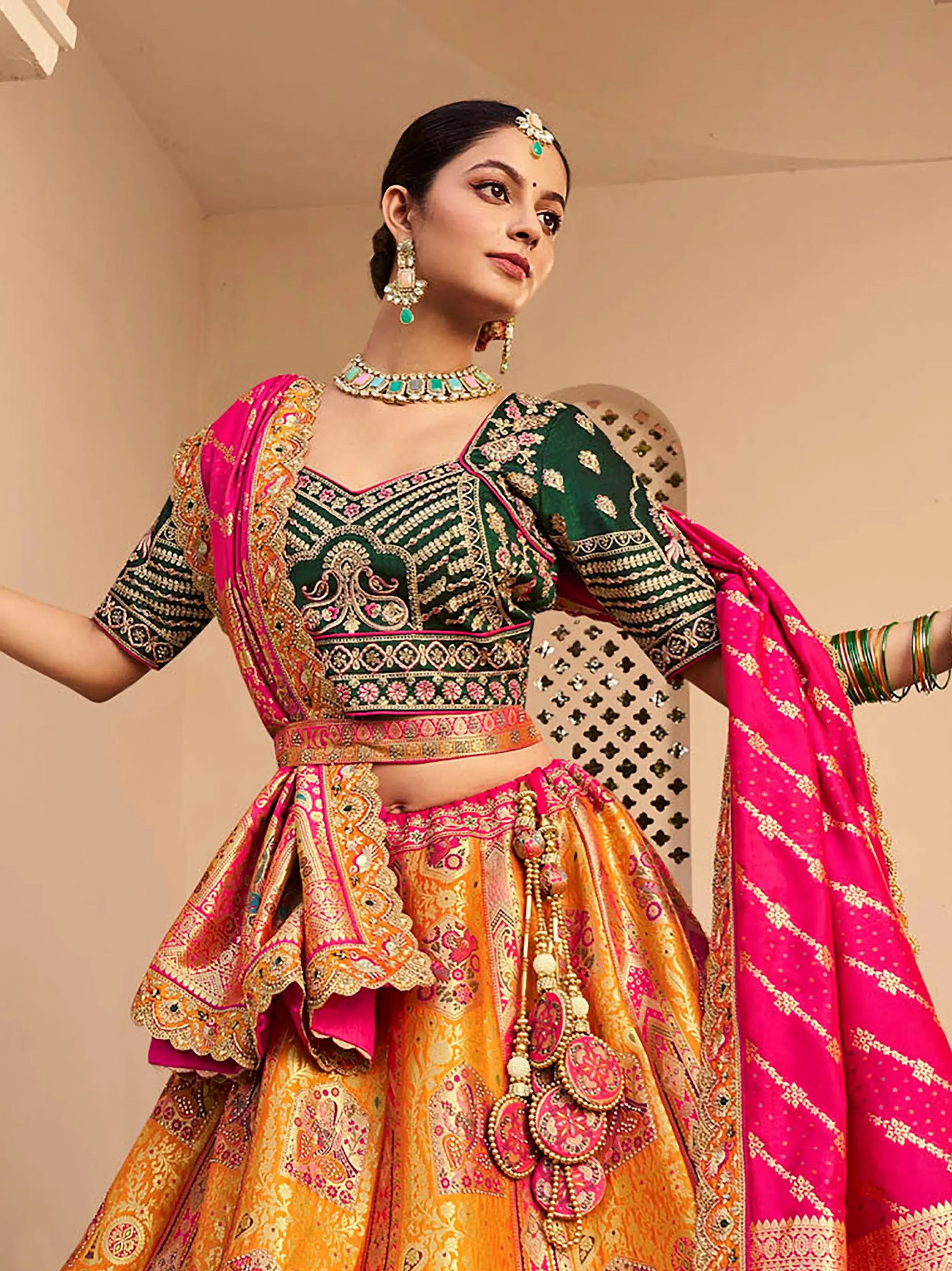 Beautiful Orange Thread Embroidered Banarasi Silk Reception Wear Lehenga Choli - Zeel Clothing