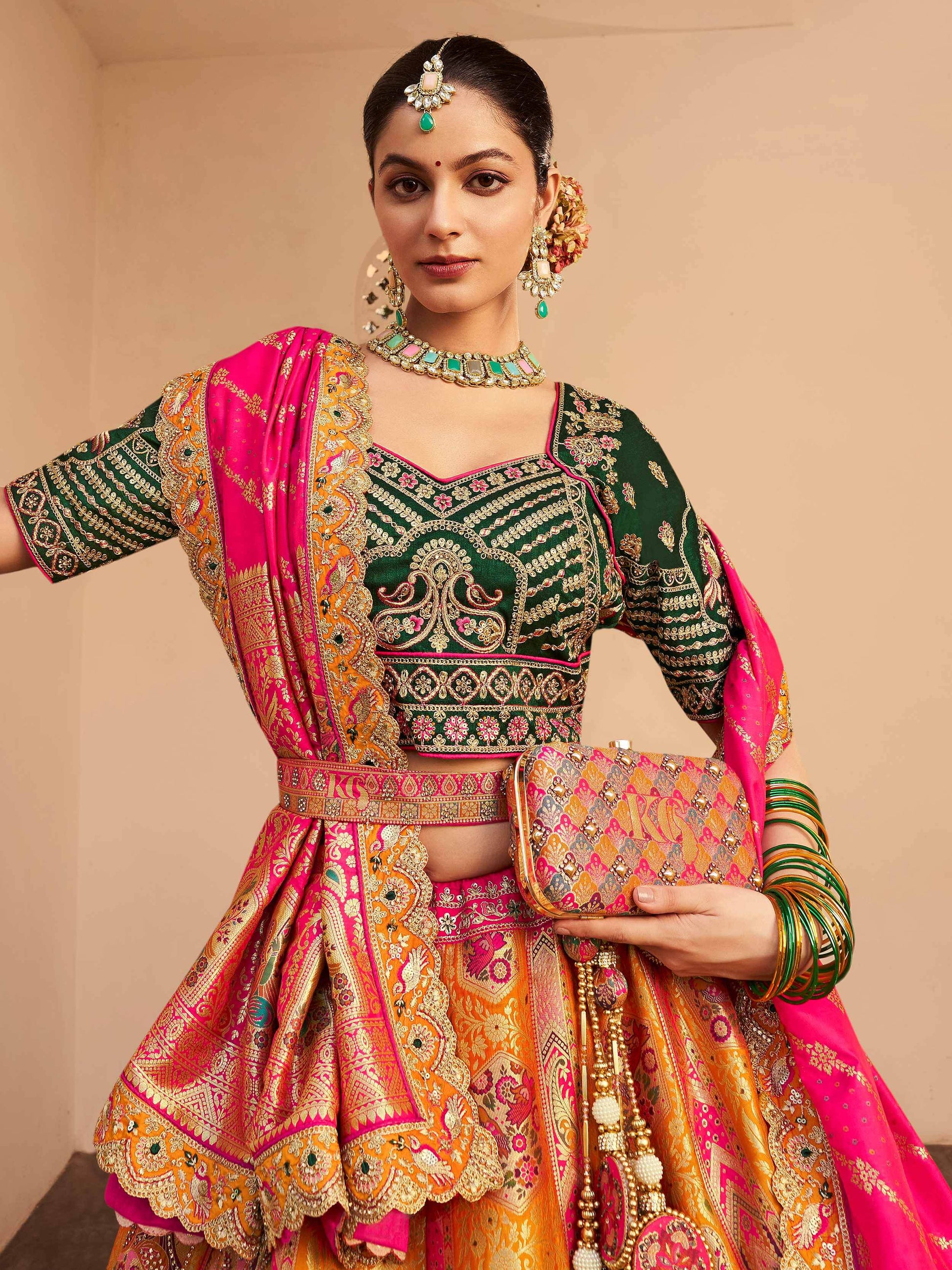 Beautiful Orange Thread Embroidered Banarasi Silk Reception Wear Lehenga Choli - Zeel Clothing