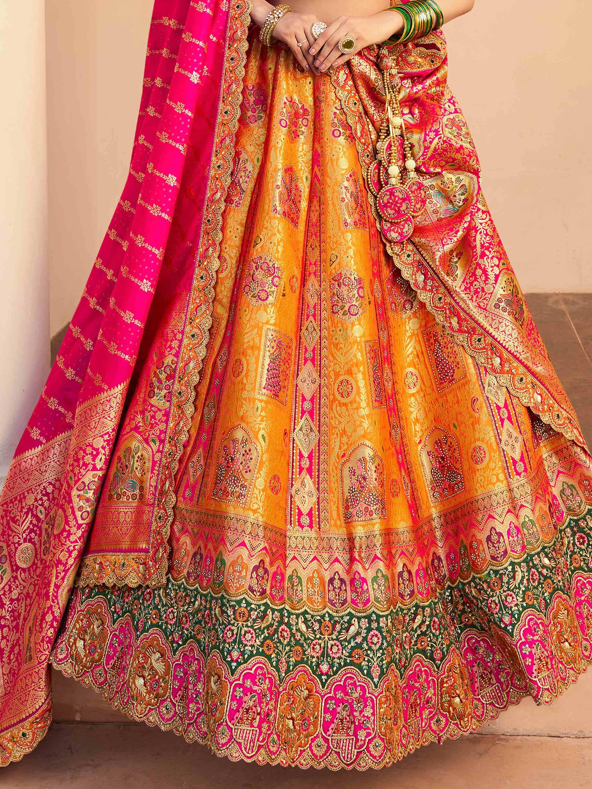 Beautiful Orange Thread Embroidered Banarasi Silk Reception Wear Lehenga Choli - Zeel Clothing