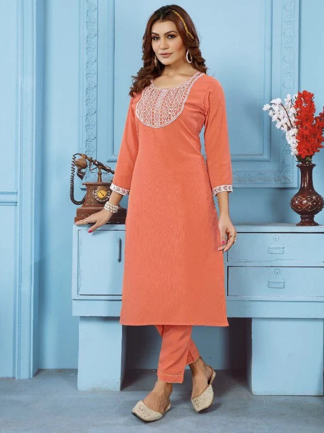Beautiful Orange Thread Work Rinkal Cotton Summer Special Pant Suit - Zeel Clothing