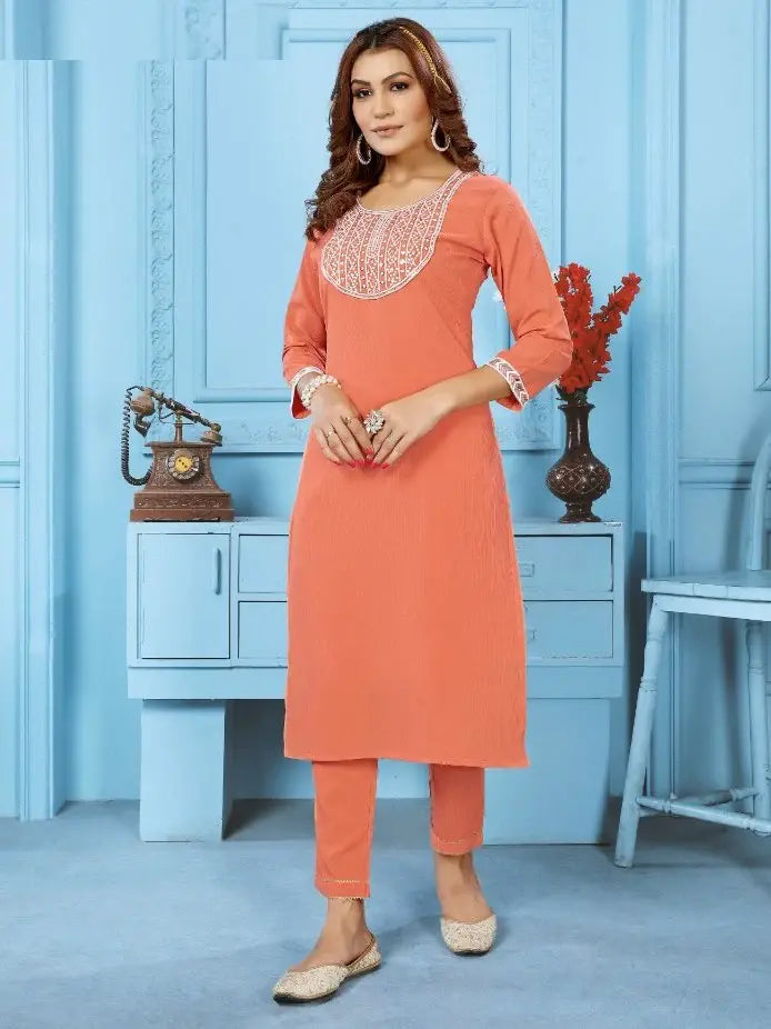 Beautiful Orange Thread Work Rinkal Cotton Summer Special Pant Suit - Zeel Clothing