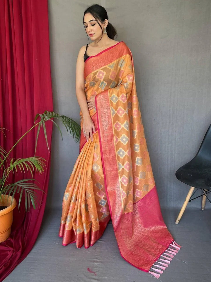 Beautiful Orange Woven Tissue Silk Classic Saree With Blouse