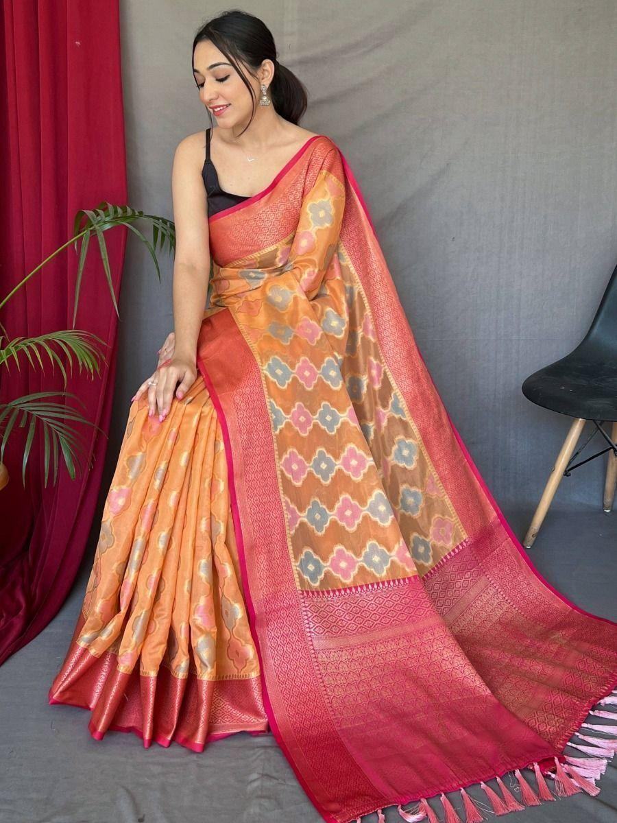 Beautiful Orange Woven Tissue Silk Classic Saree With Blouse