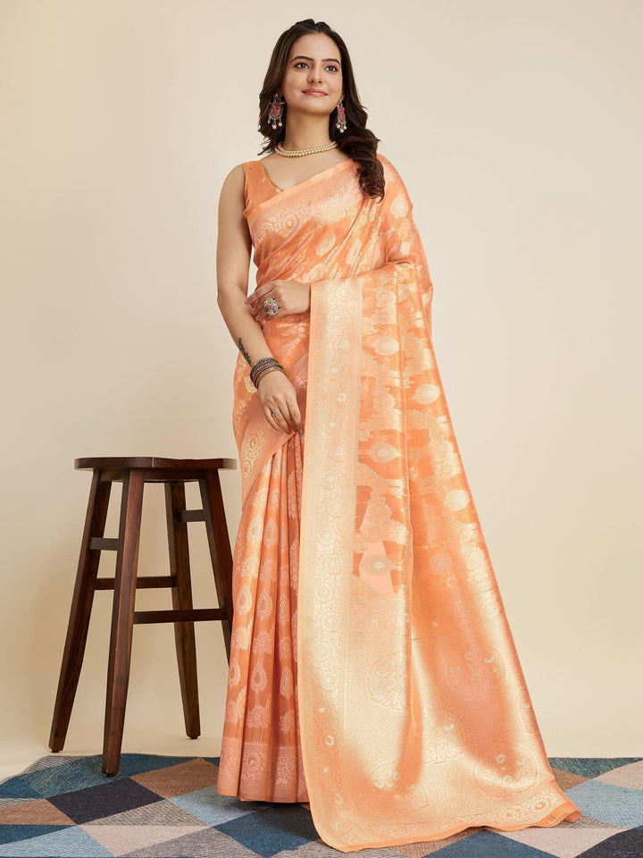 Beautiful Orange Zari Weaving Banarasi Silk Saree With Blouse