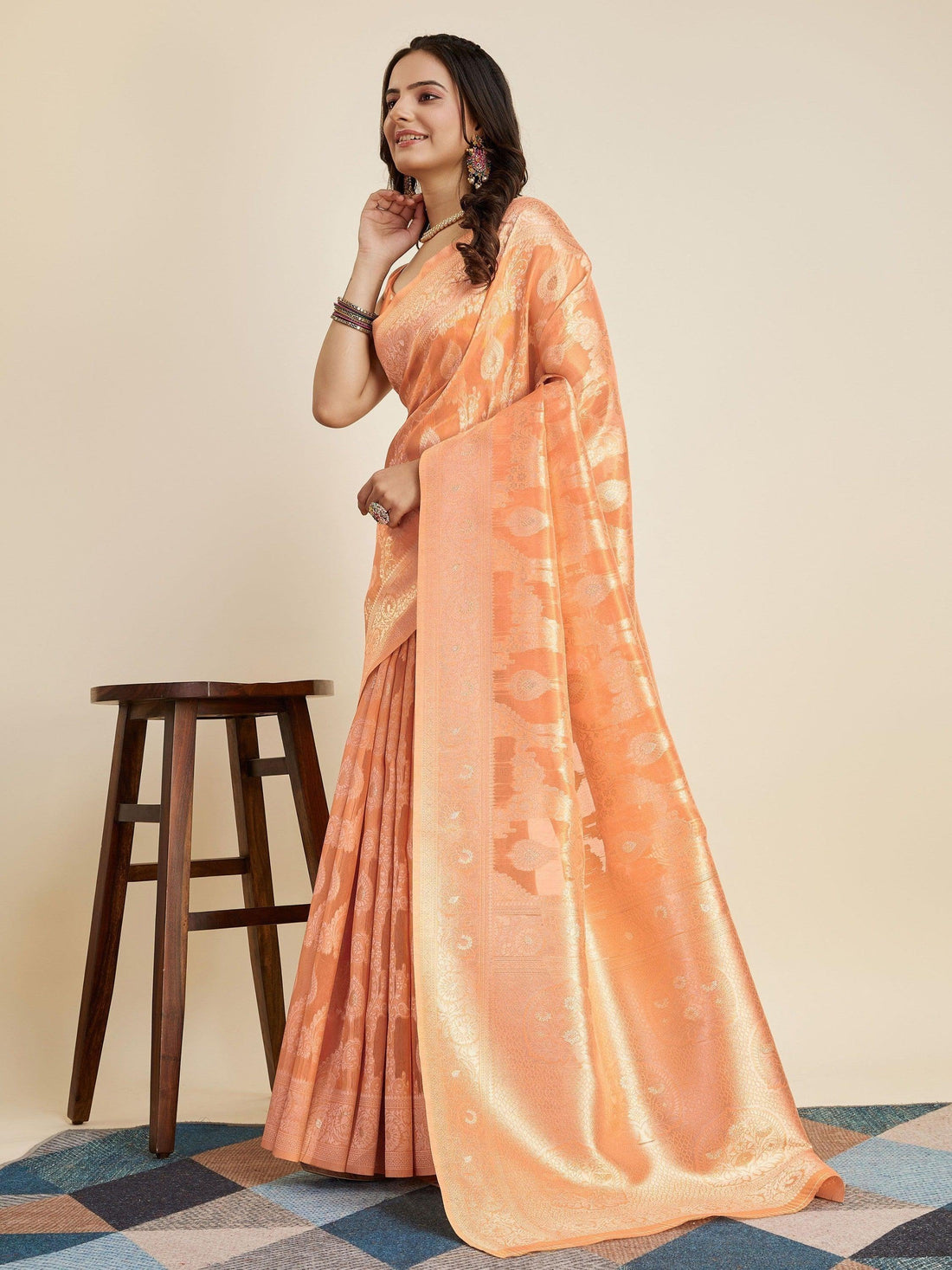 Beautiful Orange Zari Weaving Banarasi Silk Saree With Blouse