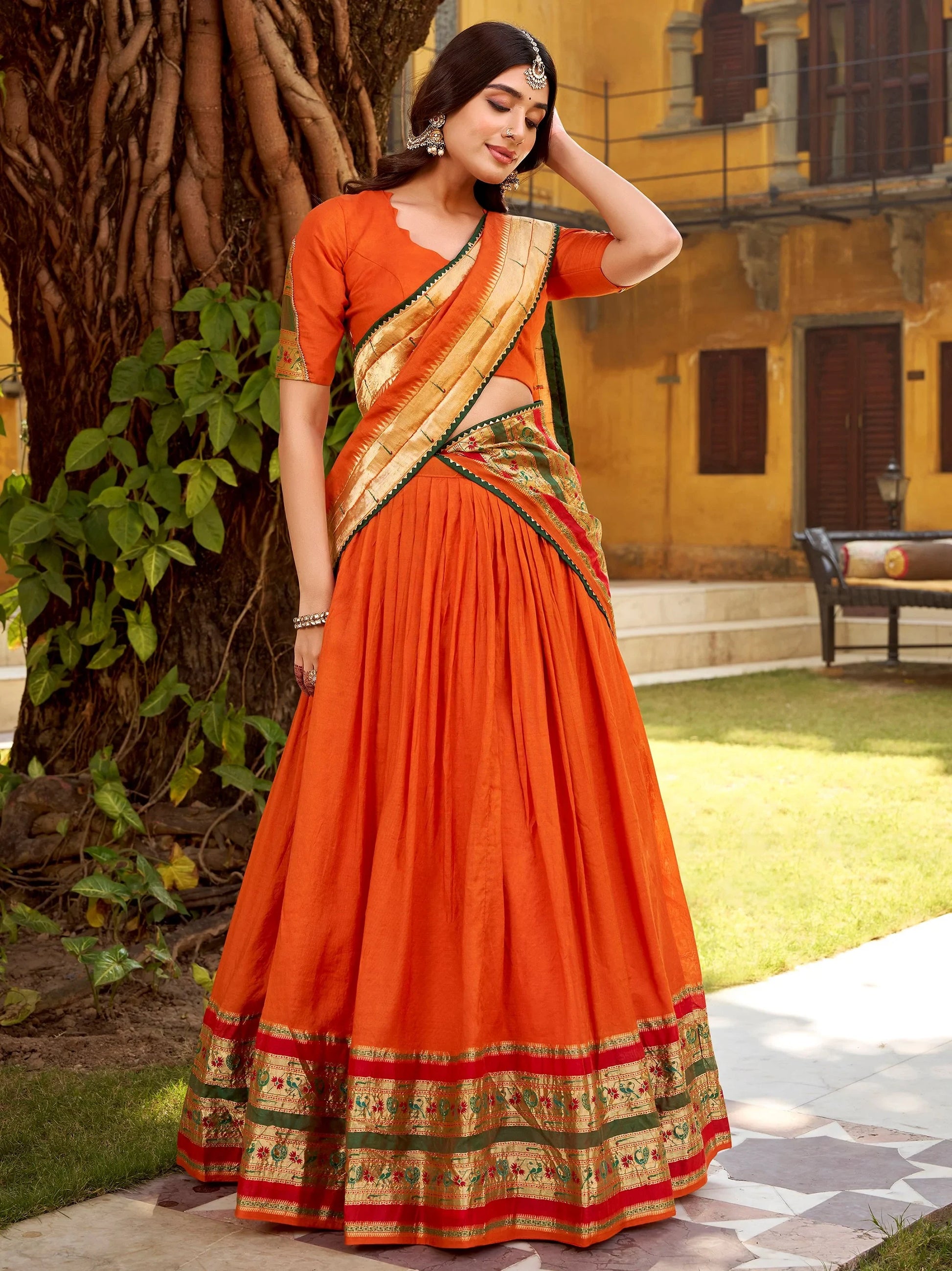 Beautiful Orange Zari Weaving Chanderi Festive Wear Half Saree Lehenga With Dupatta
