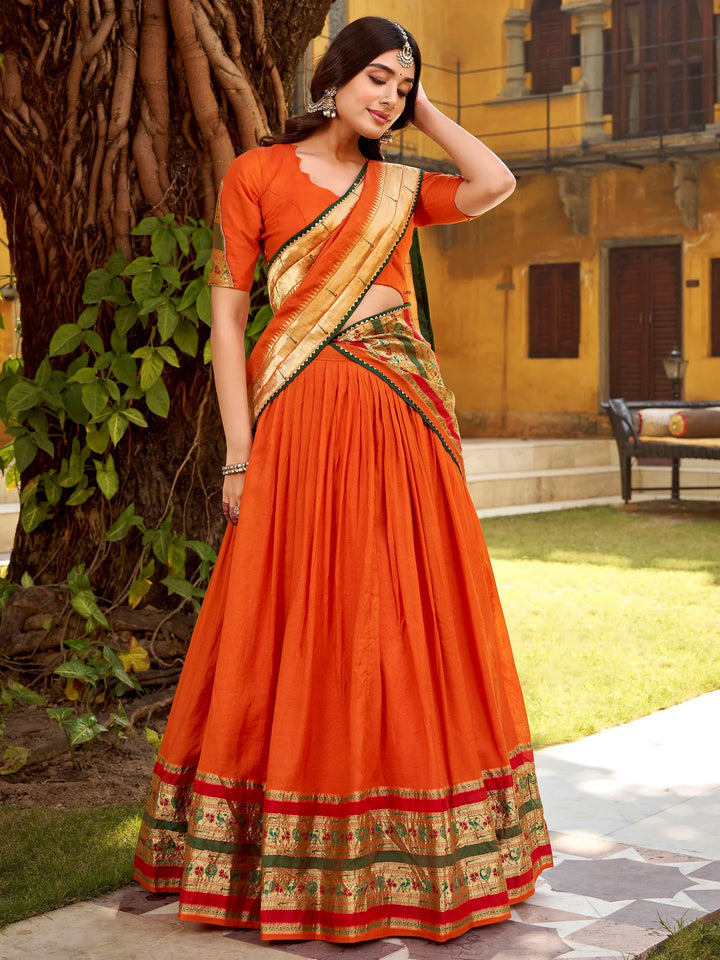 Beautiful Orange Zari Weaving Chanderi Festive Wear Half Saree Lehenga With Dupatta