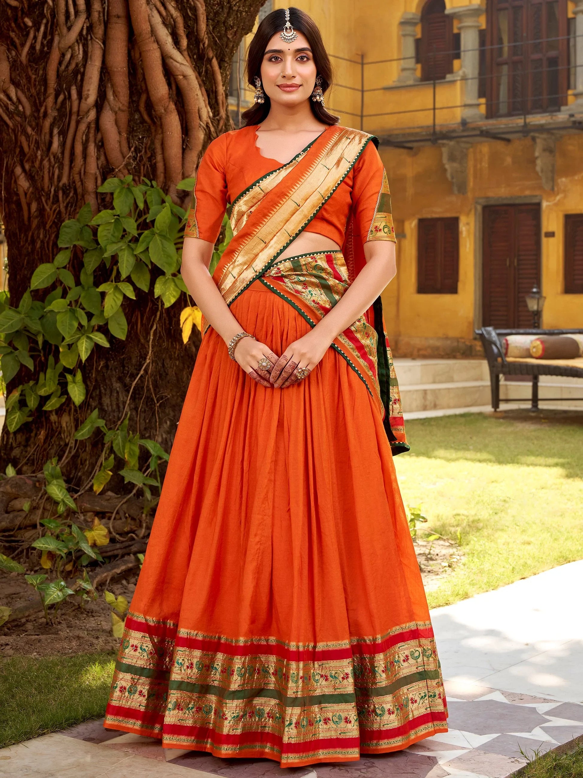 Beautiful Orange Zari Weaving Chanderi Festive Wear Half Saree Lehenga With Dupatta