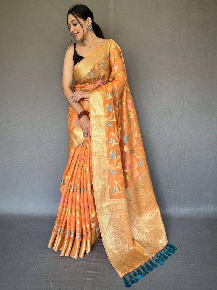 Beautiful Orange Zari Weaving Organza Silk Event Wear Saree With Blouse