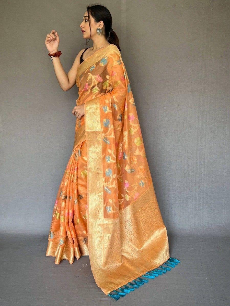 Beautiful Orange Zari Weaving Organza Silk Event Wear Saree With Blouse