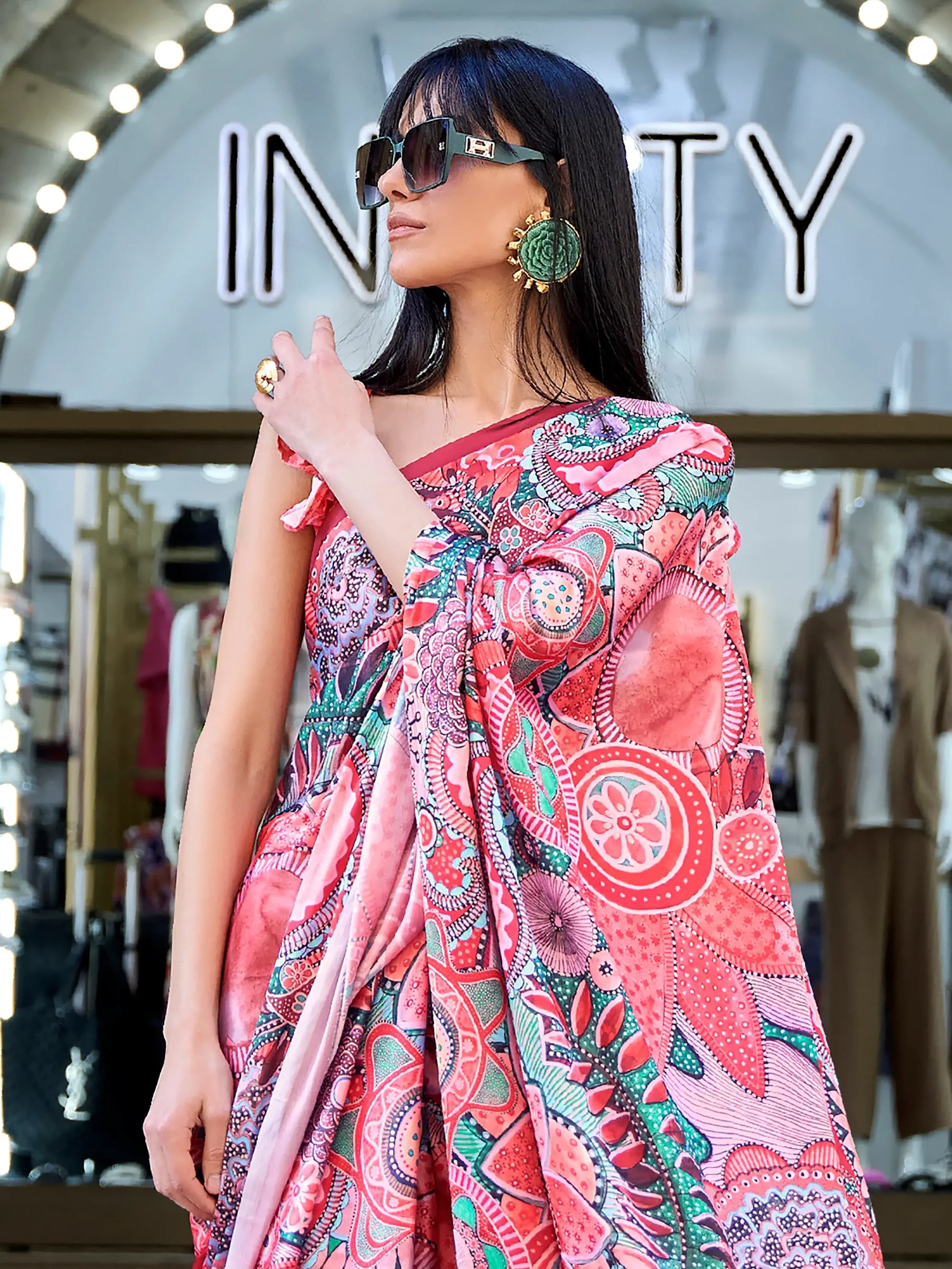 Beautiful Peach Digital Print Satin Festive Wear Saree With Blouse - Zeel Clothing