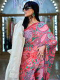 Beautiful Peach Digital Print Satin Festive Wear Saree With Blouse - Zeel Clothing