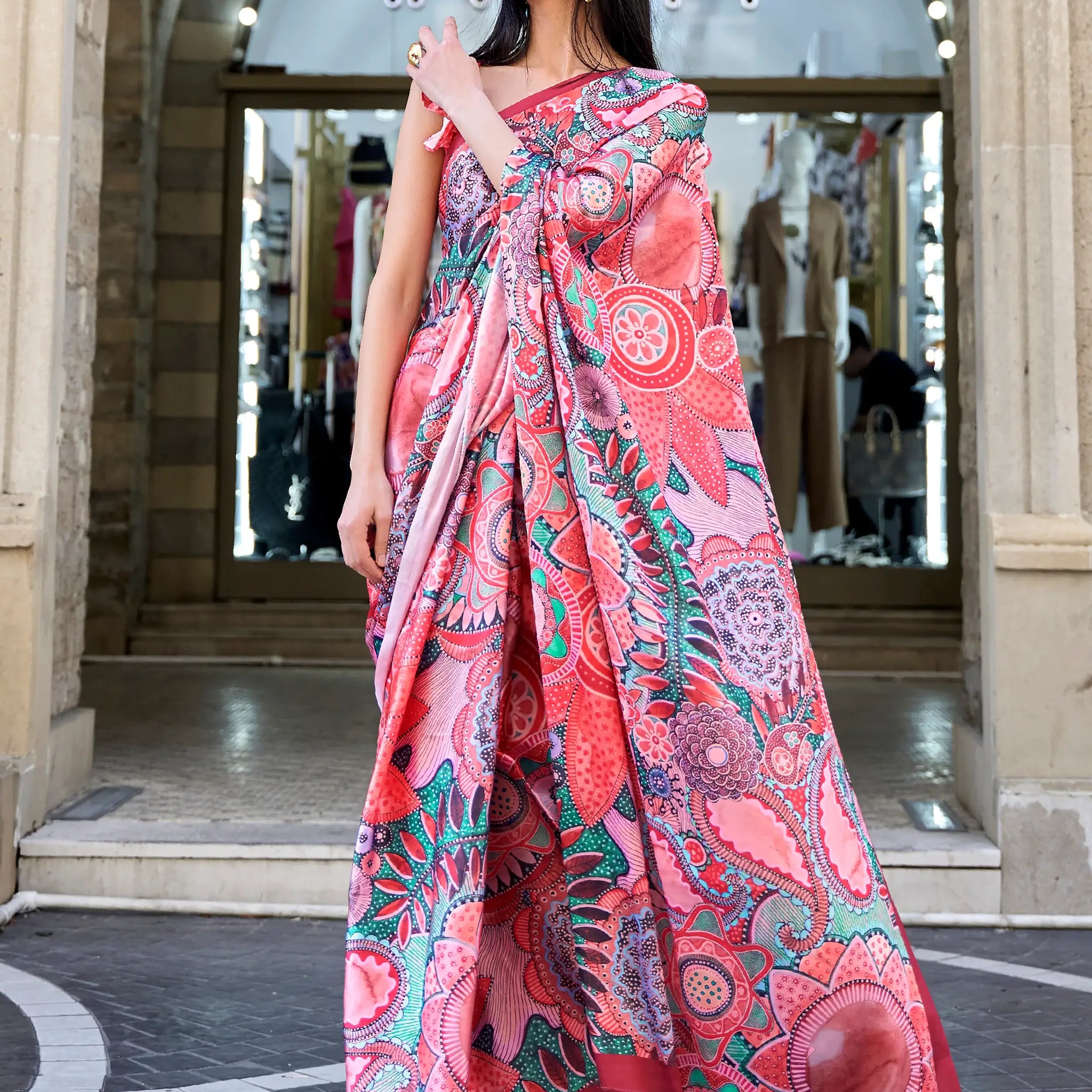 Beautiful Peach Digital Print Satin Festive Wear Saree With Blouse - Zeel Clothing