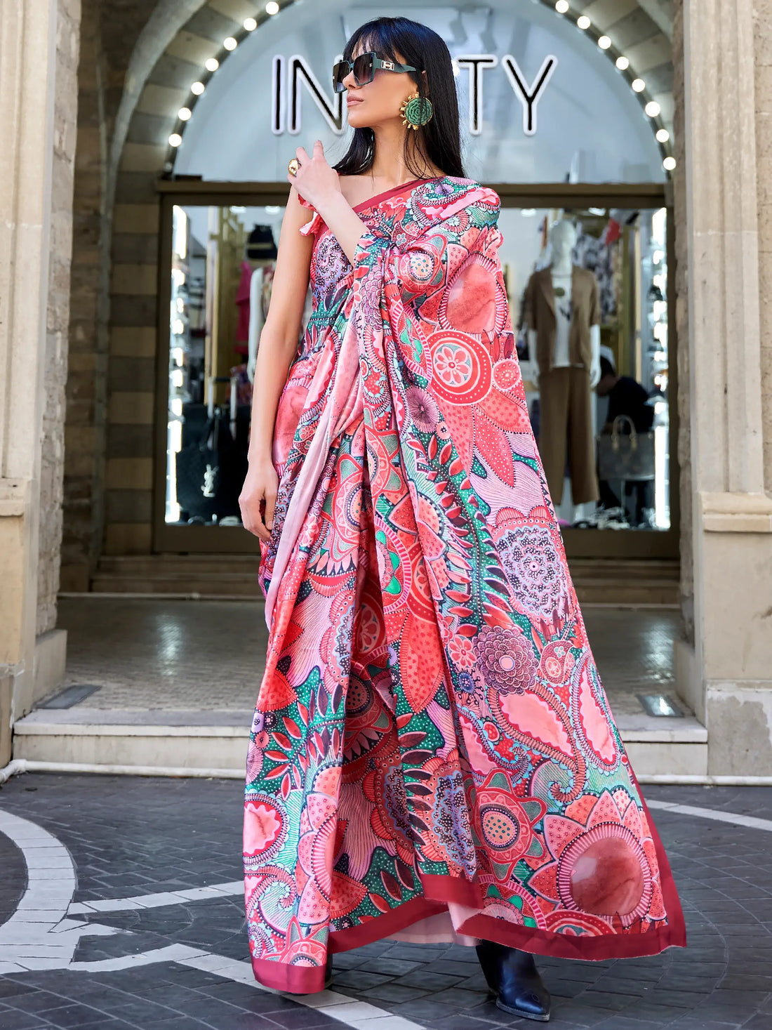 Beautiful Peach Digital Print Satin Festive Wear Saree With Blouse - Zeel Clothing