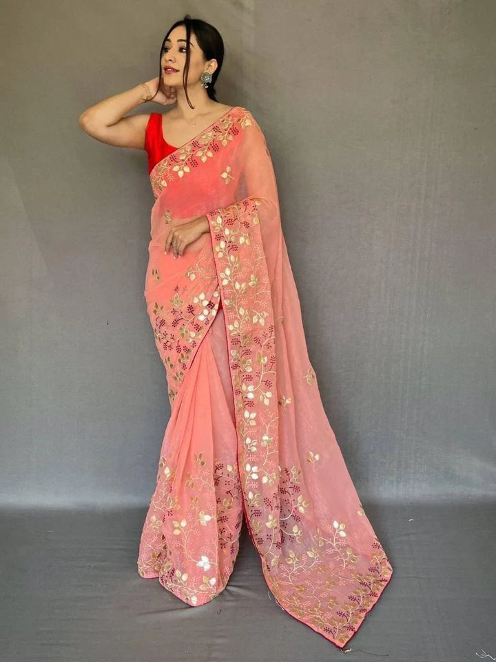 Beautiful Peach Embroidered Chiffon Wedding Wear Saree With Blouse