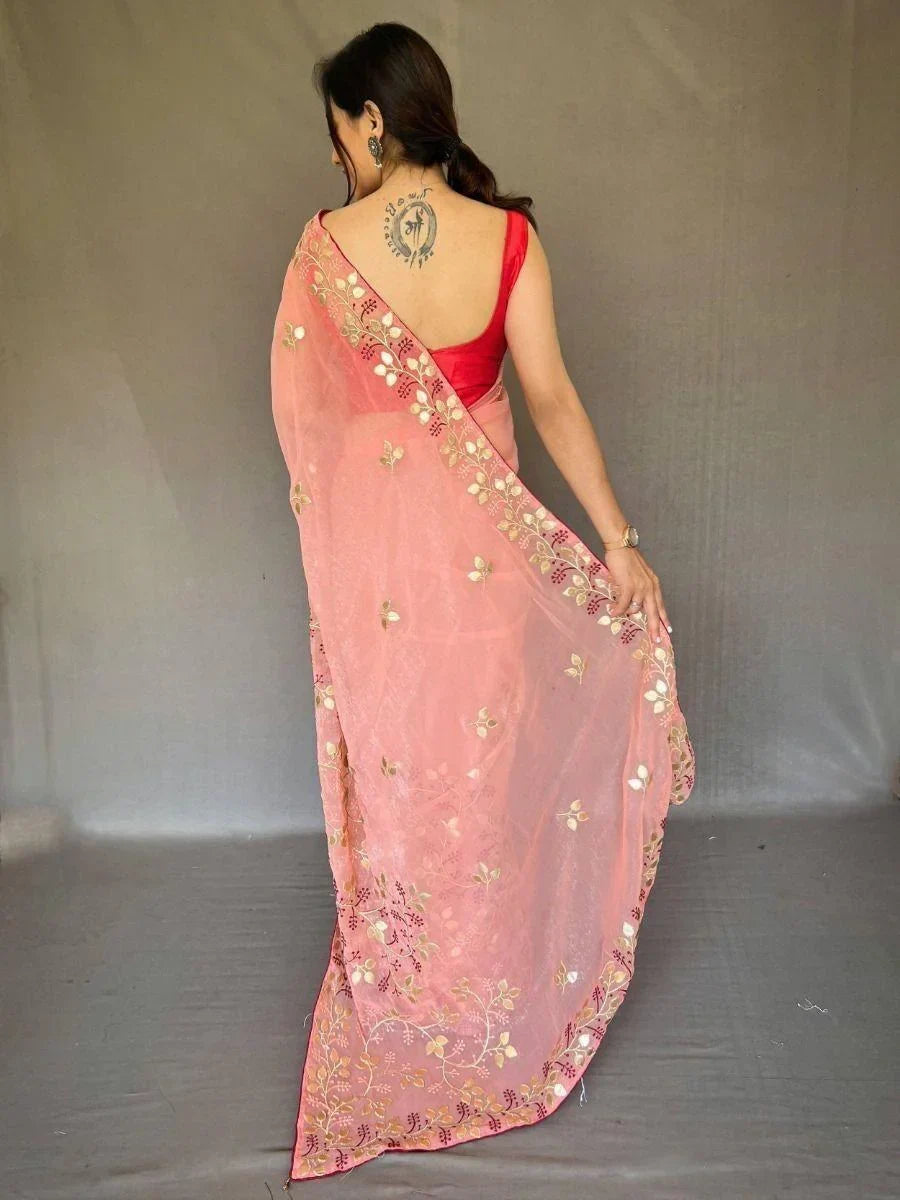 Beautiful Peach Embroidered Chiffon Wedding Wear Saree With Blouse