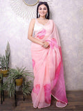 Beautiful Peach Floral Print Organza Reception Wear Saree With Blouse - Zeel Clothing