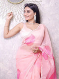 Beautiful Peach Floral Print Organza Reception Wear Saree With Blouse - Zeel Clothing