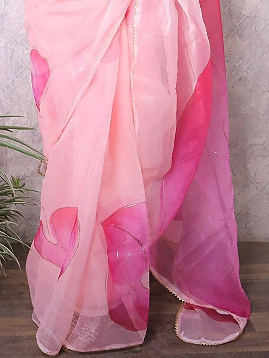Beautiful Peach Floral Print Organza Reception Wear Saree With Blouse - Zeel Clothing