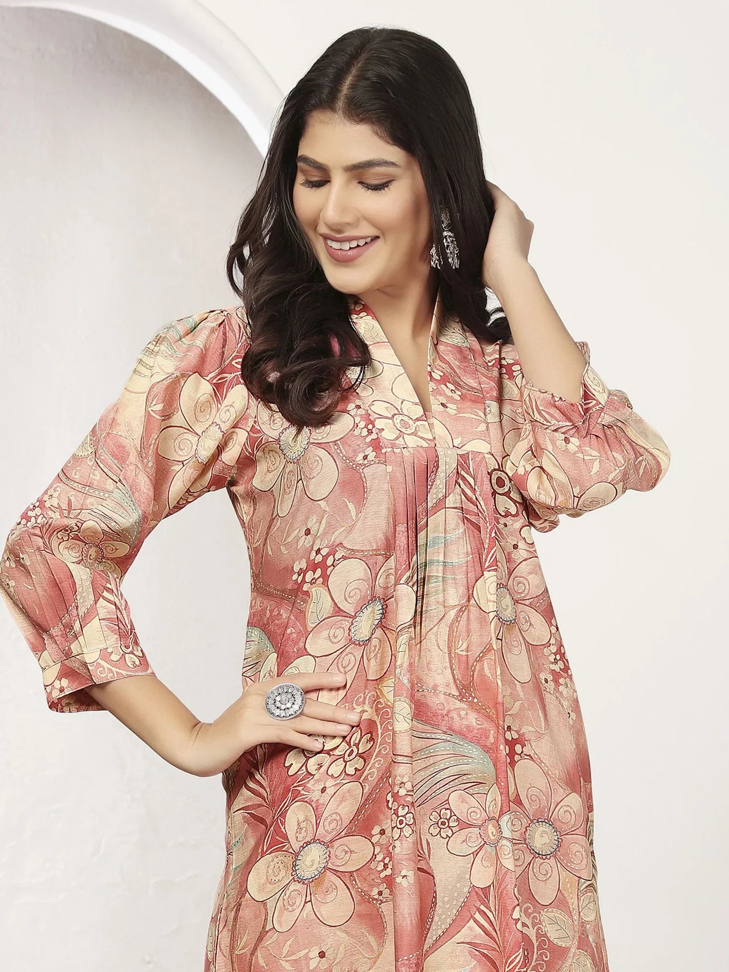 Beautiful Peach Floral Printed Chanderi Silk Event Wear Kurti With Pant - Zeel Clothing
