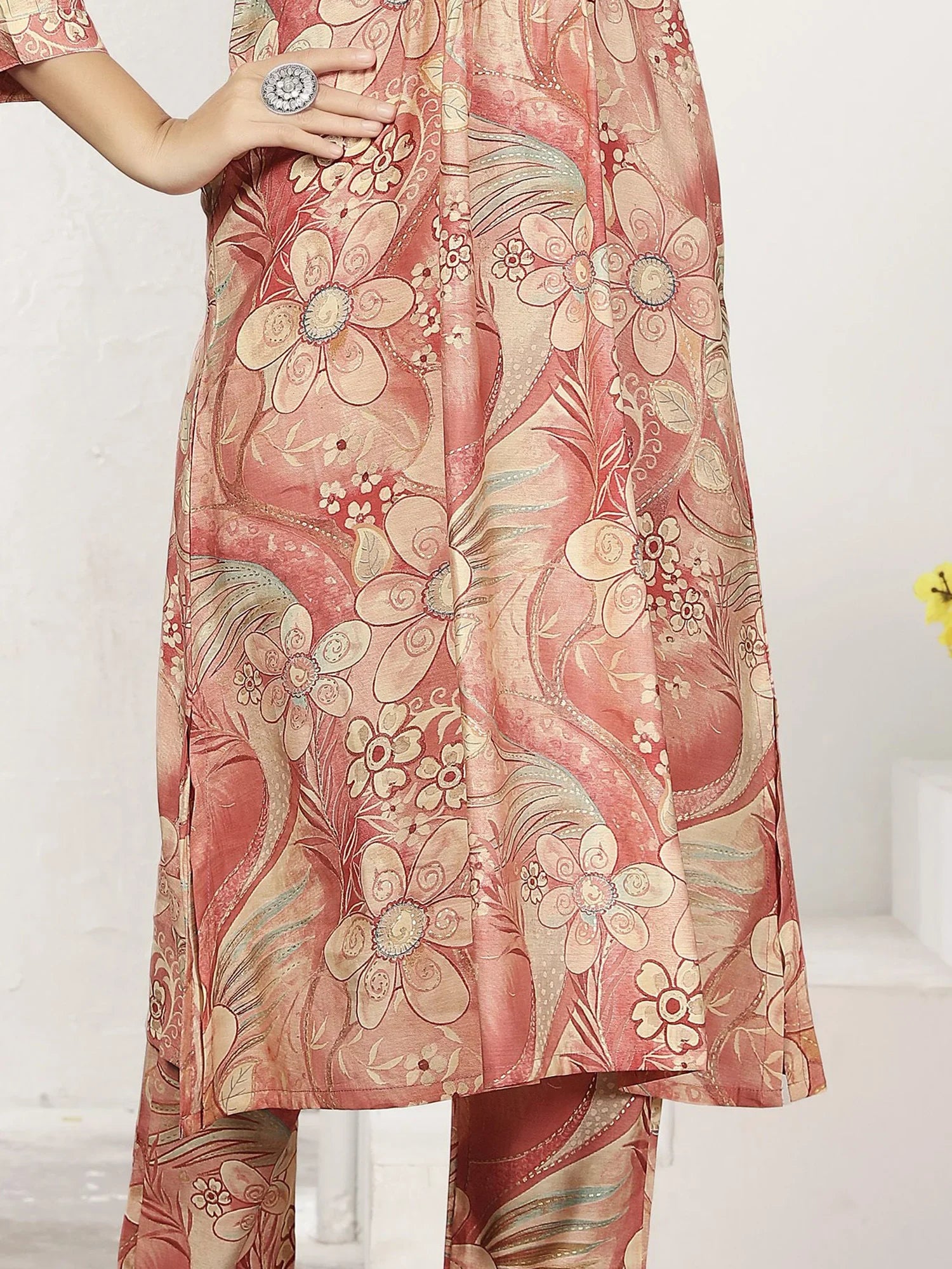 Beautiful Peach Floral Printed Chanderi Silk Event Wear Kurti With Pant - Zeel Clothing