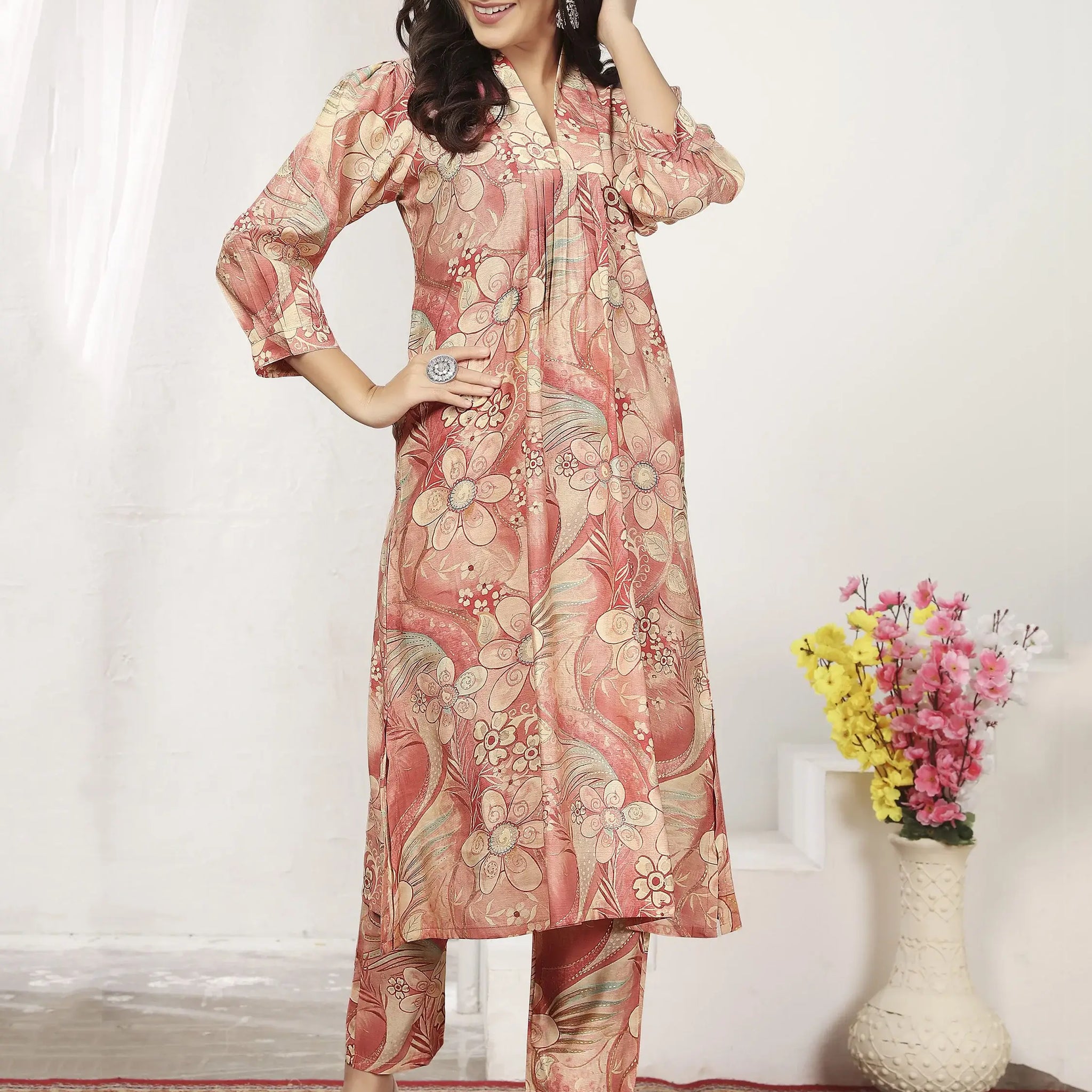 Beautiful Peach Floral Printed Chanderi Silk Event Wear Kurti With Pant - Zeel Clothing