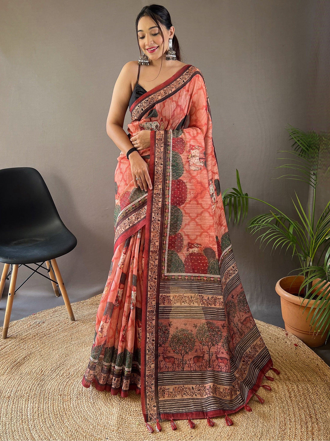 Beautiful Peach Printed Silk Event Wear Saree With Blouse - Zeel Clothing