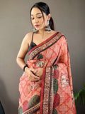 Beautiful Peach Printed Silk Event Wear Saree With Blouse - Zeel Clothing